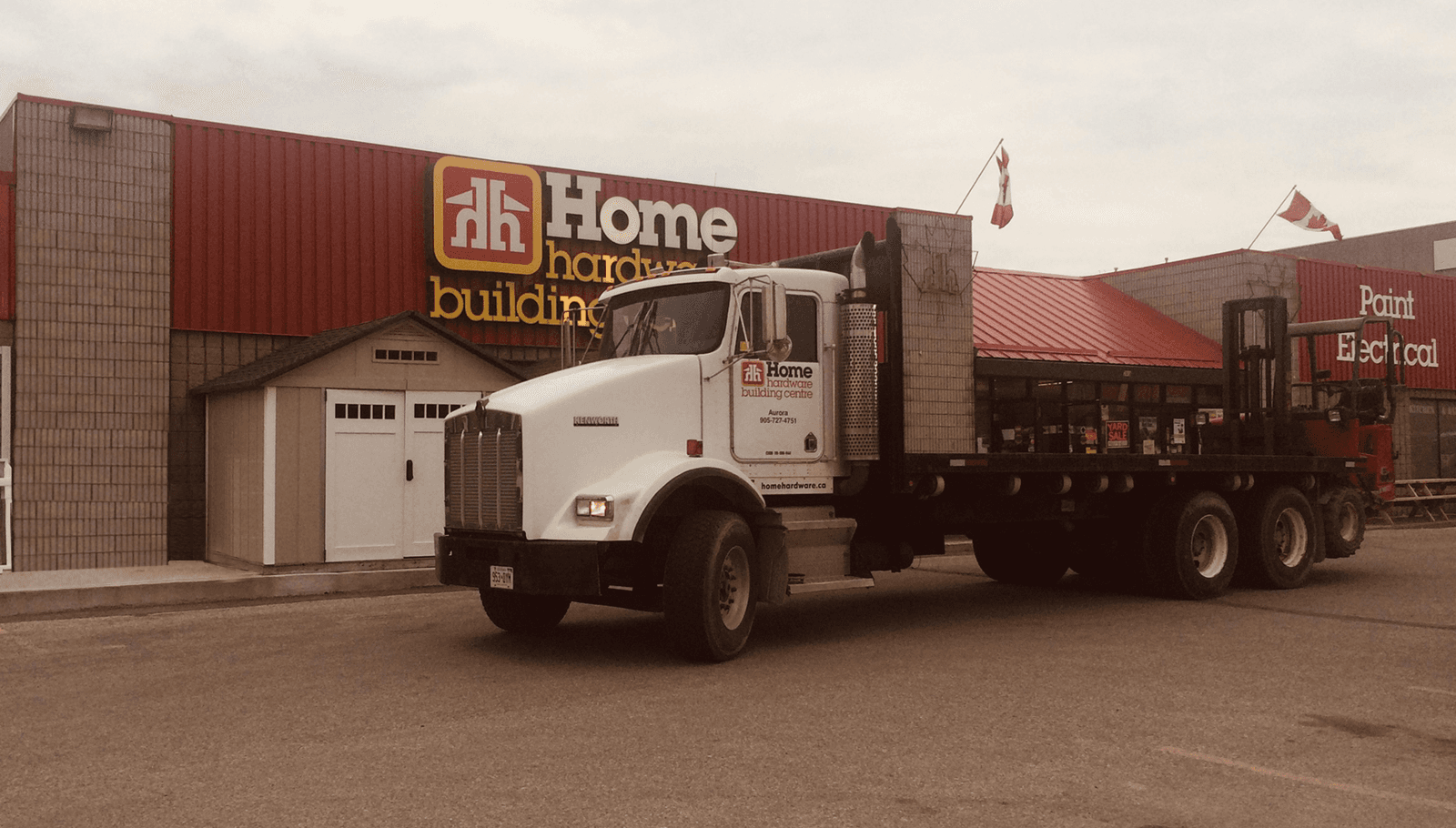 Home Hardware delivery truck parked in front of the Aurora Home Hardware Building Centre store