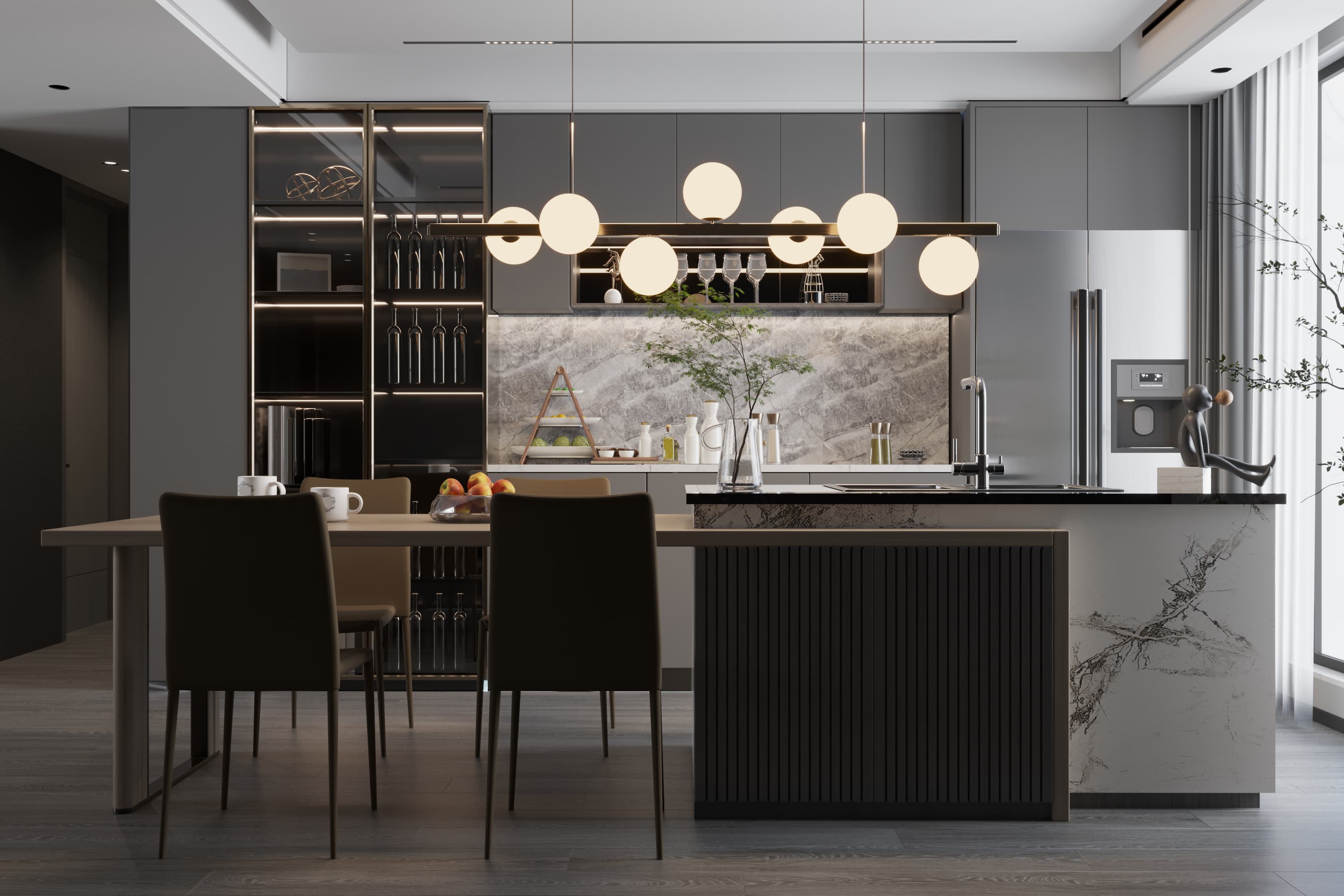 A modern custom kitchen with an island and dark cabinetry from Aurora Home Hardware.