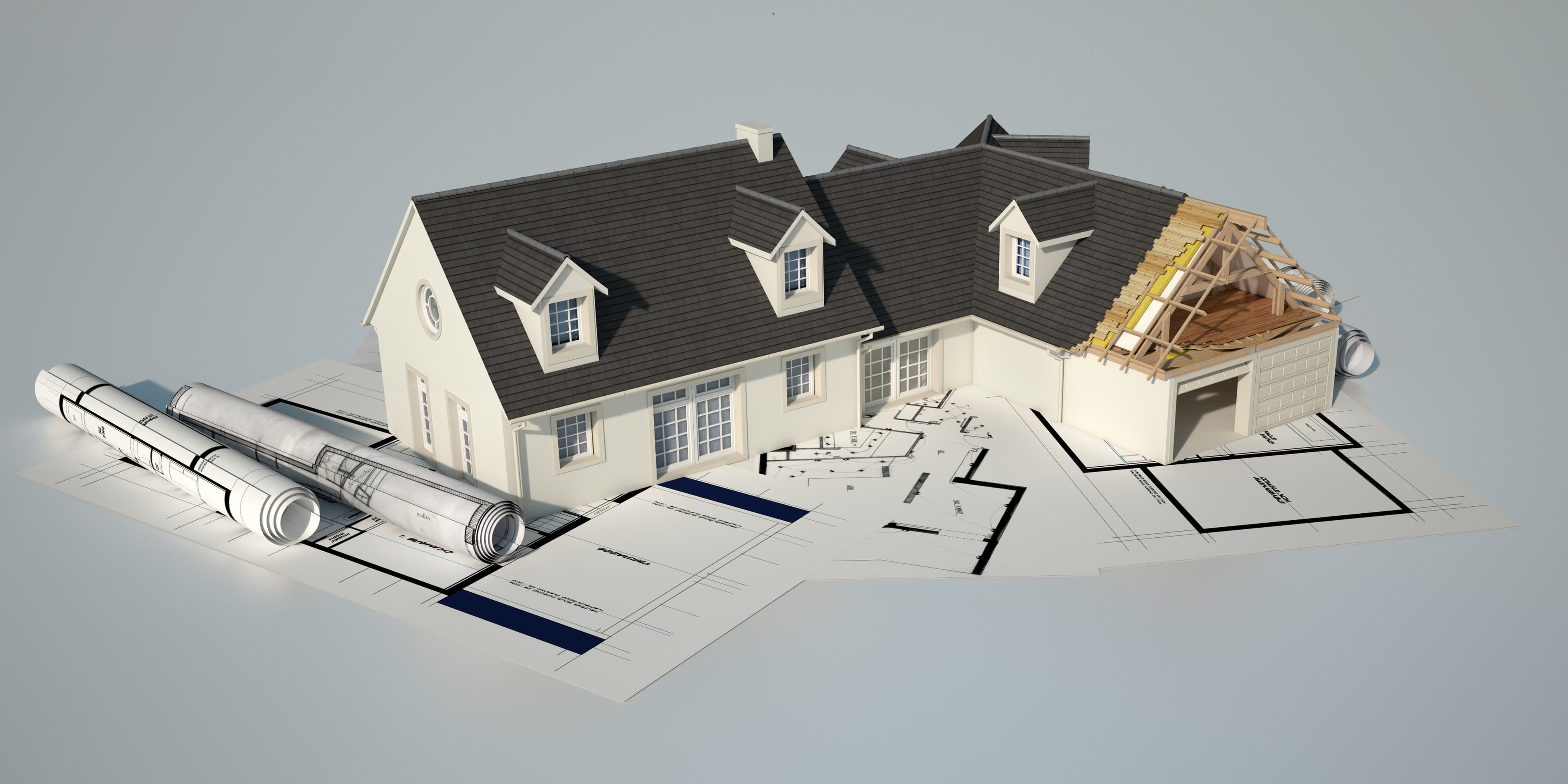 A 3D house model with blueprints and rolled plans for the home and cottage material take-off service at Aurora Home Hardware Building Centre.