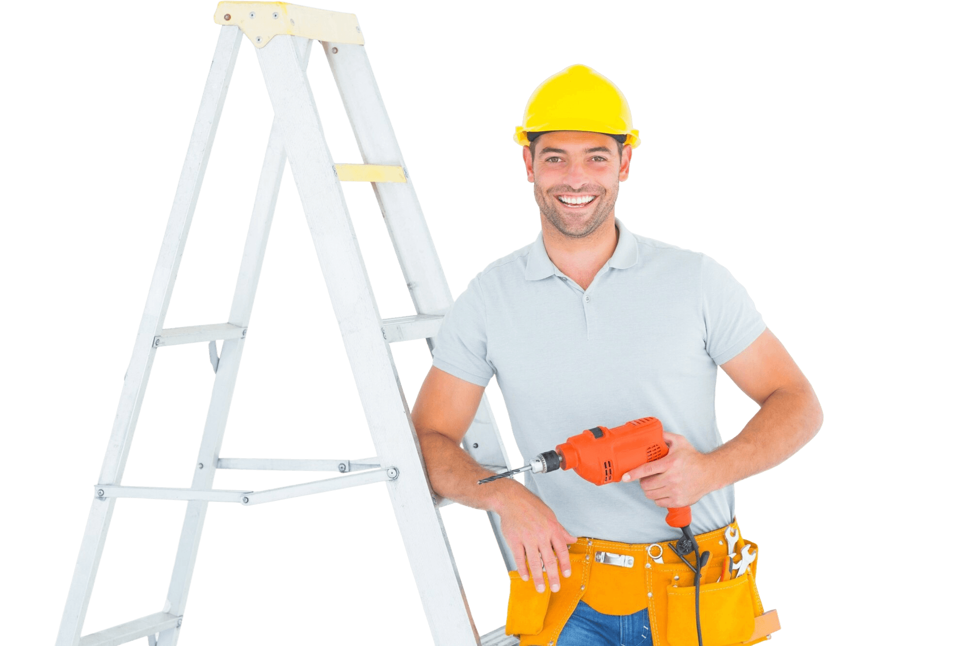 A worker in a hard hat next to a ladder for the home installation service at Aurora Home Hardware Building Centre.